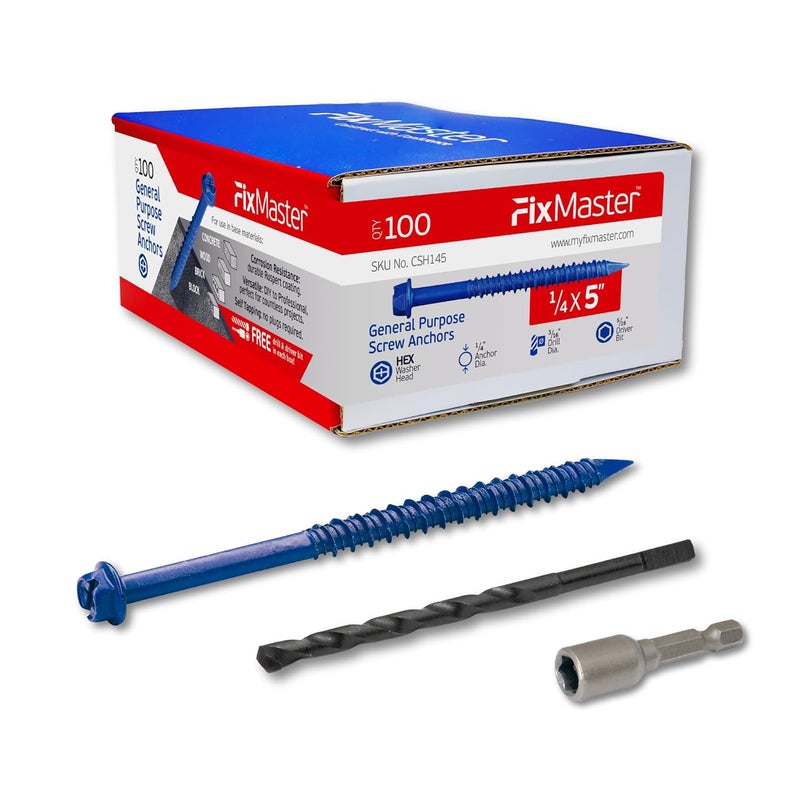 FixMaster 1/4 x 5" Hex Head Blue Concrete Screw Anchors with 1 Screwdriver and 1 Drill Bit for Concrete, Masonry, Block, Brick and Wood Fastening (100 Screws per Box) - Image 1